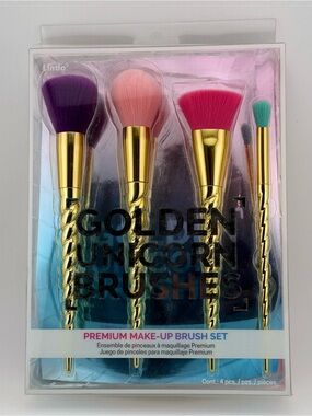 Lindo Golden Unicorn Brushes Premium Makeup Brush Set of 4. New in Box